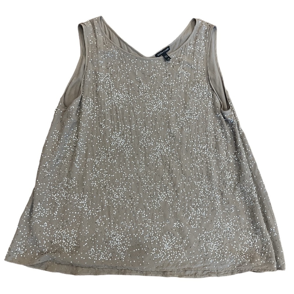 Eileen Fisher Tan Beaded Silk Top Large